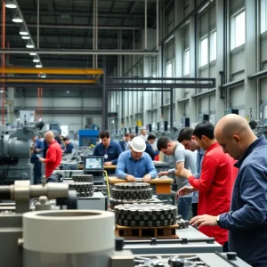 Workers in a manufacturing facility producing tools and dies