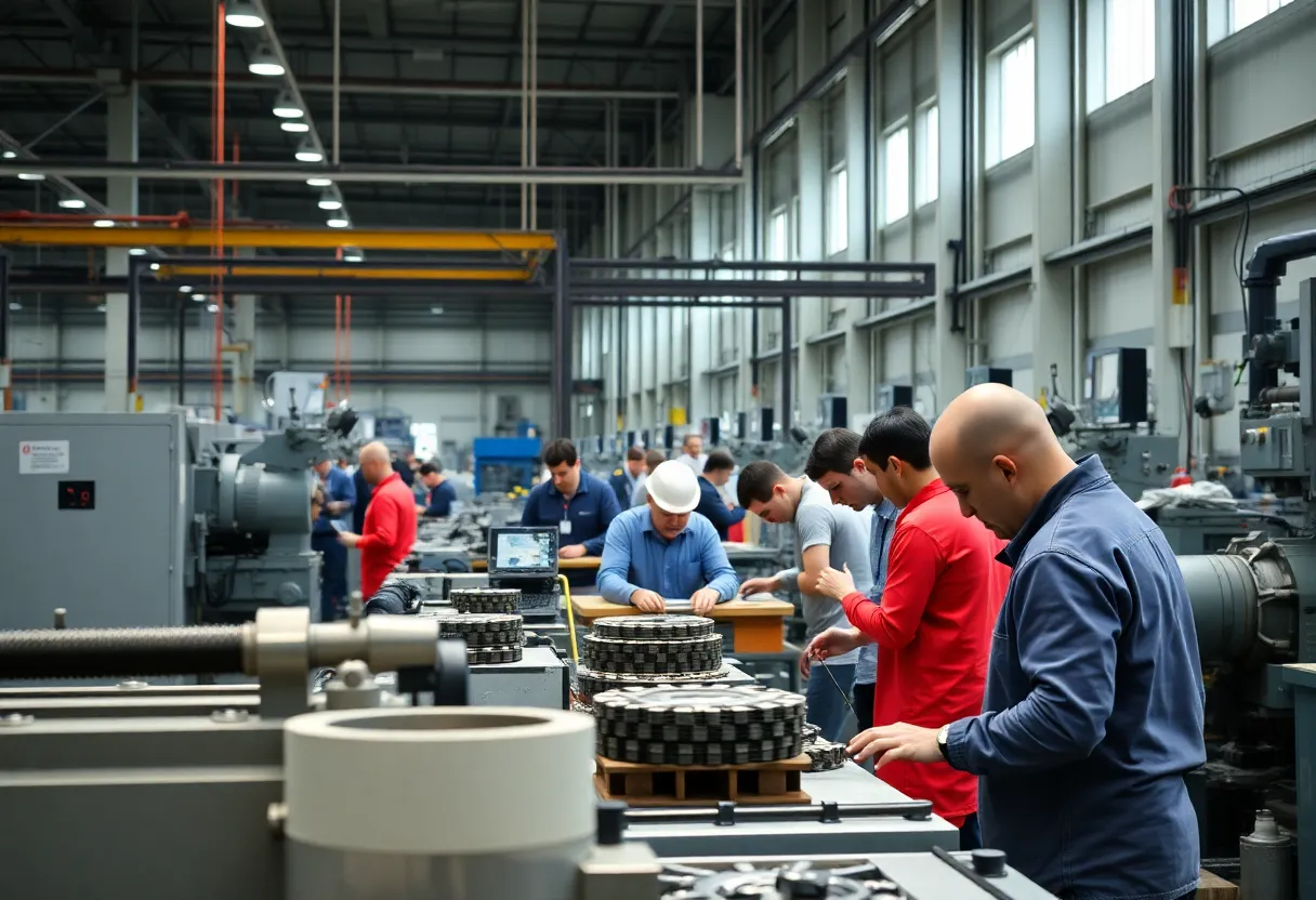 Workers in a manufacturing facility producing tools and dies
