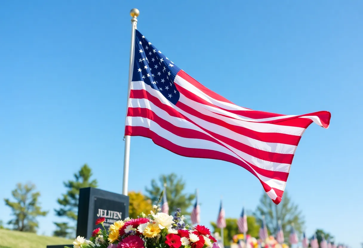 American flag with flowers in a memorial setting