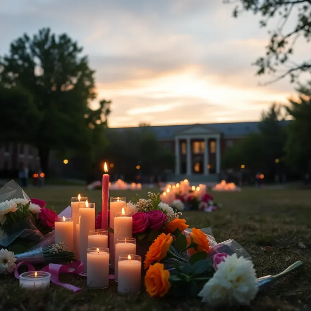 Memorial setup with candles and flowers at a university campus