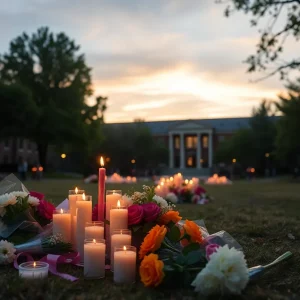 Memorial setup with candles and flowers at a university campus