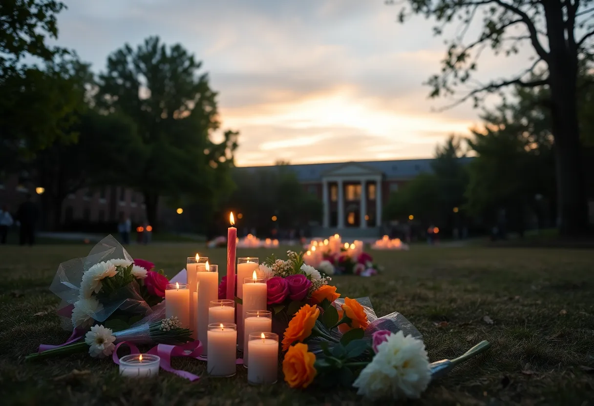 Memorial setup with candles and flowers at a university campus