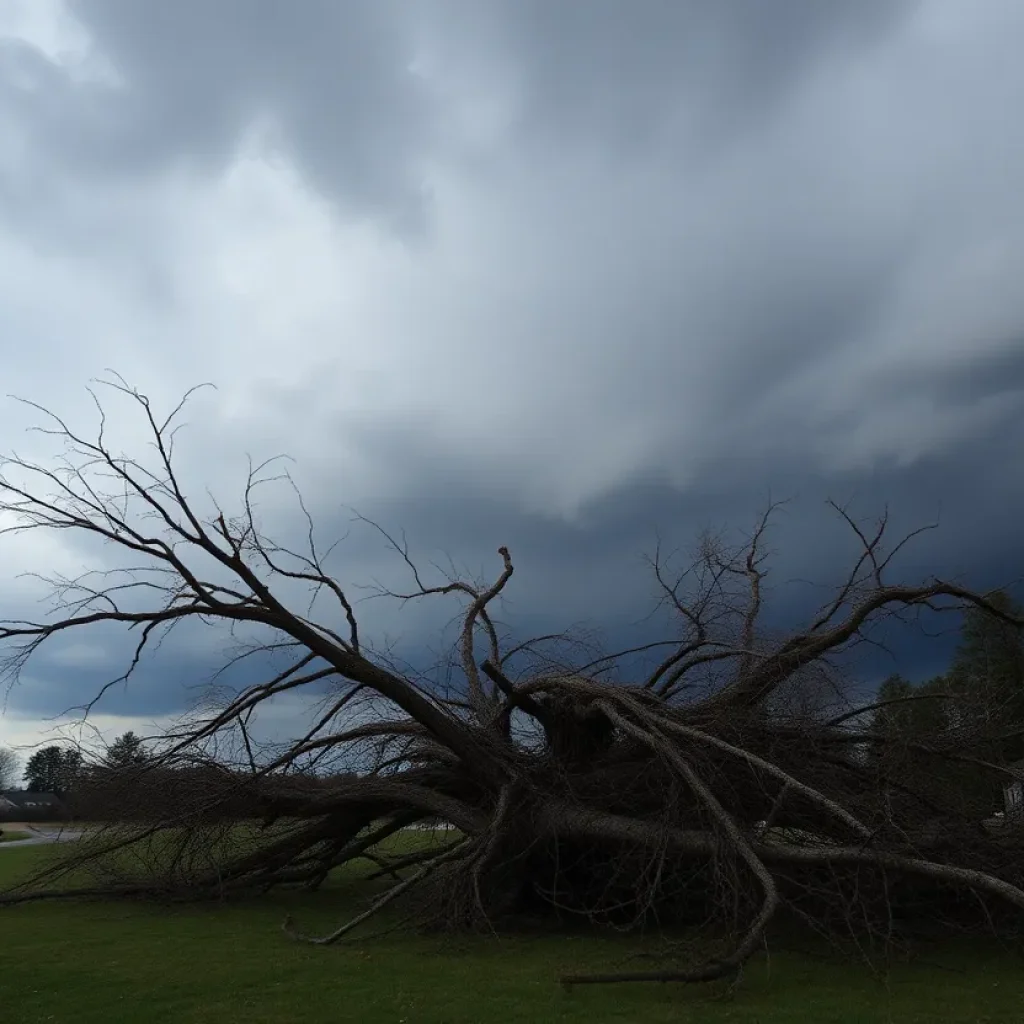 Storm damage in Michigan with debris and emergency responders