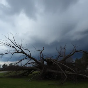 Storm damage in Michigan with debris and emergency responders