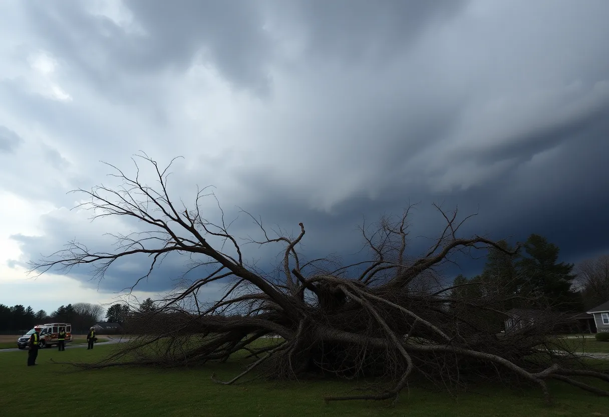 Storm damage in Michigan with debris and emergency responders