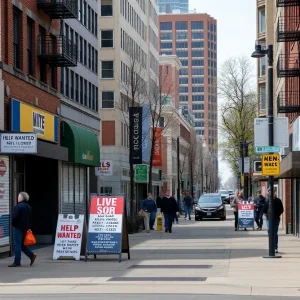 An urban view of Michigan depicting economic challenges with 'Help Wanted' signs.