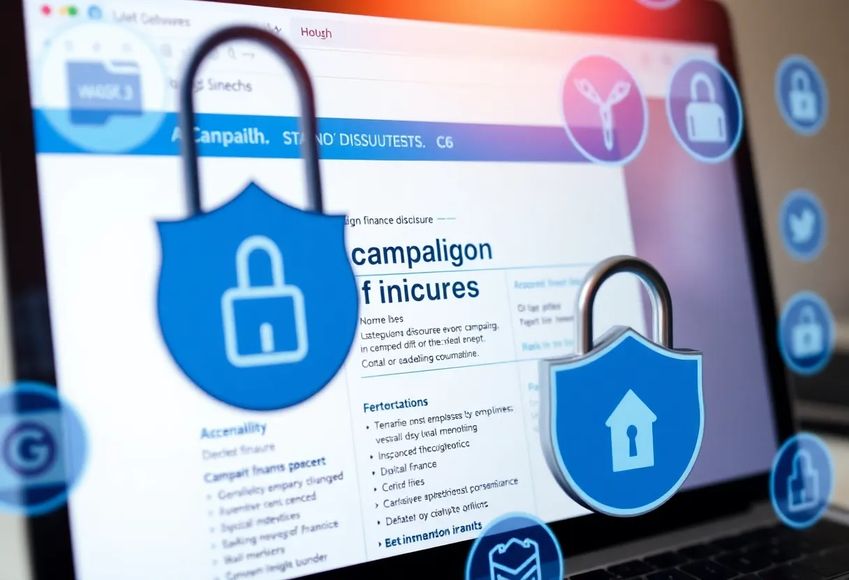 Image depicting a campaign finance disclosure website interface with security symbols.
