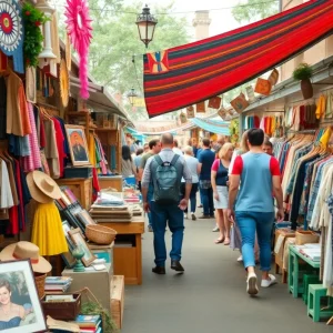A bustling vintage market scene in Grand Rapids with colorful stalls