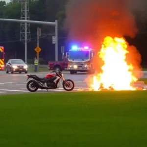 Scene of a motorcycle accident with flames and emergency responders