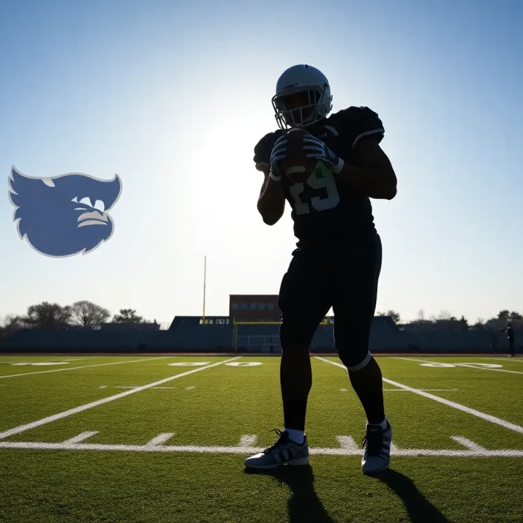Image representing college football recruitment with logos and a silhouette of an offensive tackle.