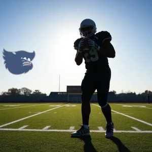 Image representing college football recruitment with logos and a silhouette of an offensive tackle.