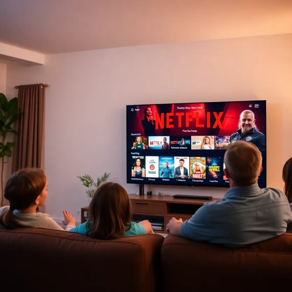 Family enjoying Netflix in a cozy living room with advertisement visuals on the screen.