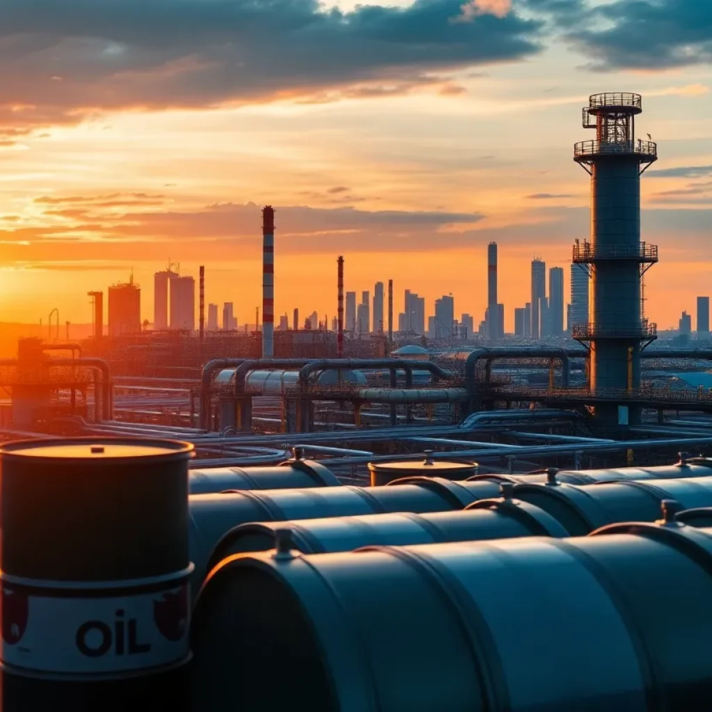 A modern oil refinery during sunset with oil barrels and city skyline