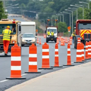 Construction scene on Plainfield Avenue showing roadwork and machinery.