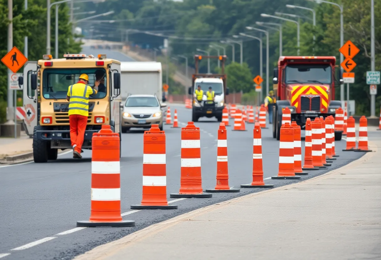 Construction scene on Plainfield Avenue showing roadwork and machinery.