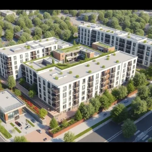 Conceptual design of mixed-use development featuring residential and commercial spaces
