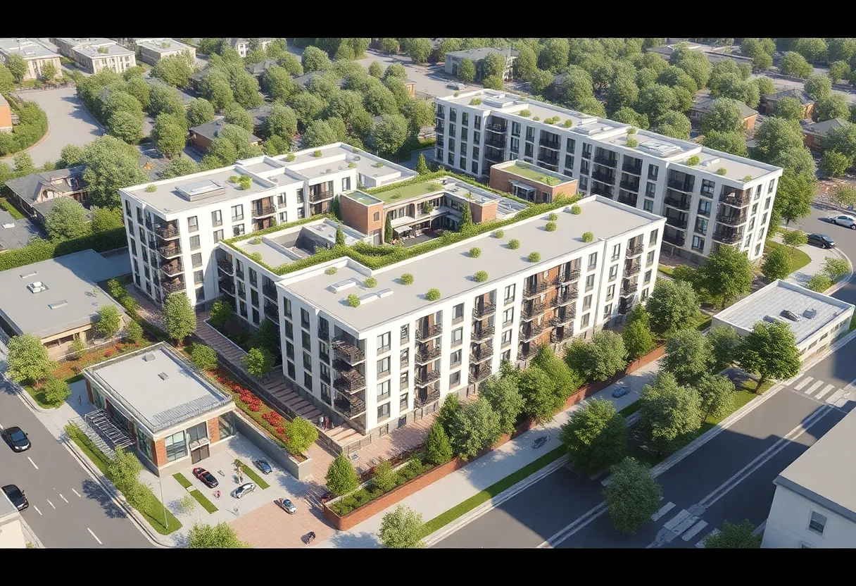 Conceptual design of mixed-use development featuring residential and commercial spaces