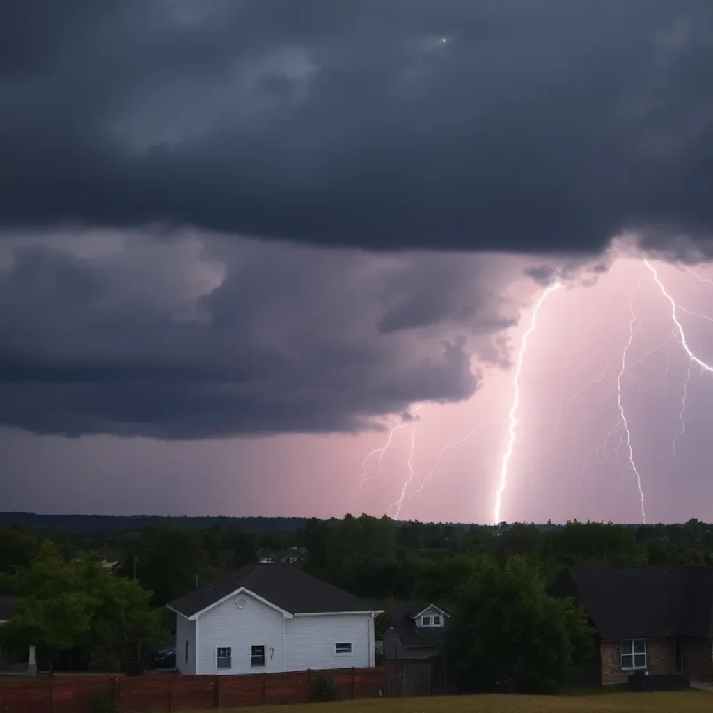 A community impacted by severe weather, showcasing dark storm clouds and lightning.