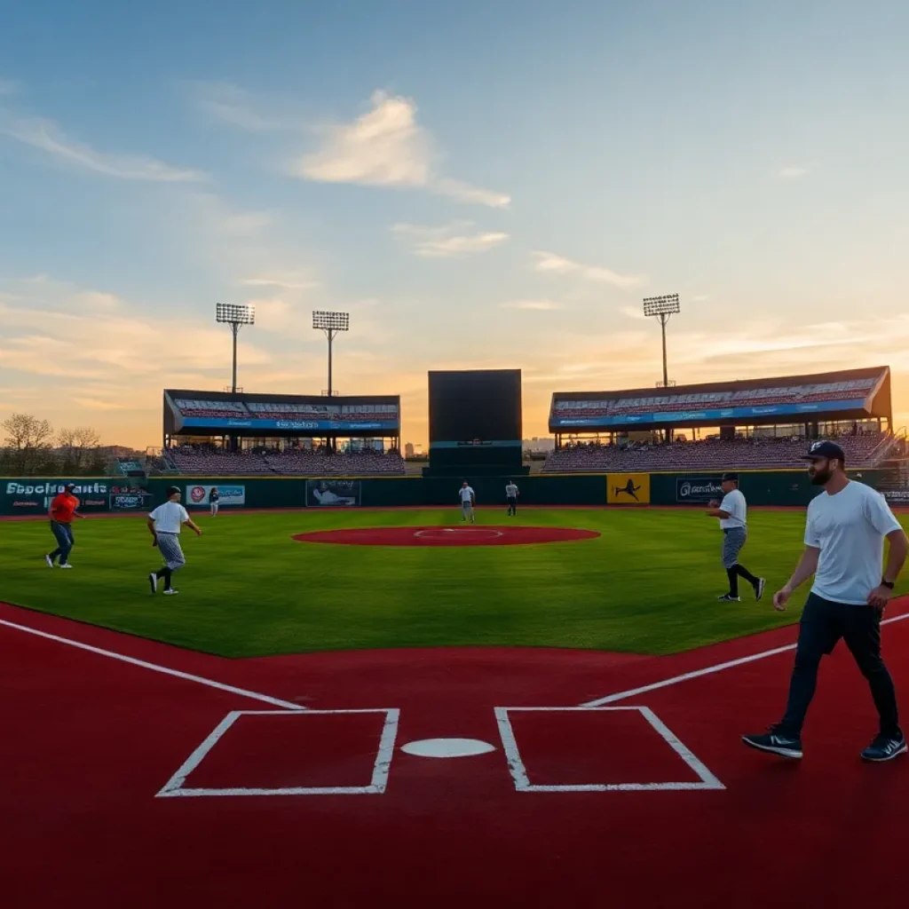 Baseball players practicing on the field at sunset