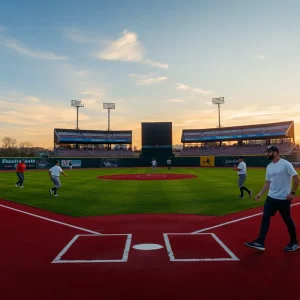 Baseball players practicing on the field at sunset