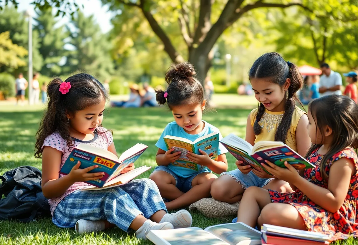 Children participating in a summer reading program at the park