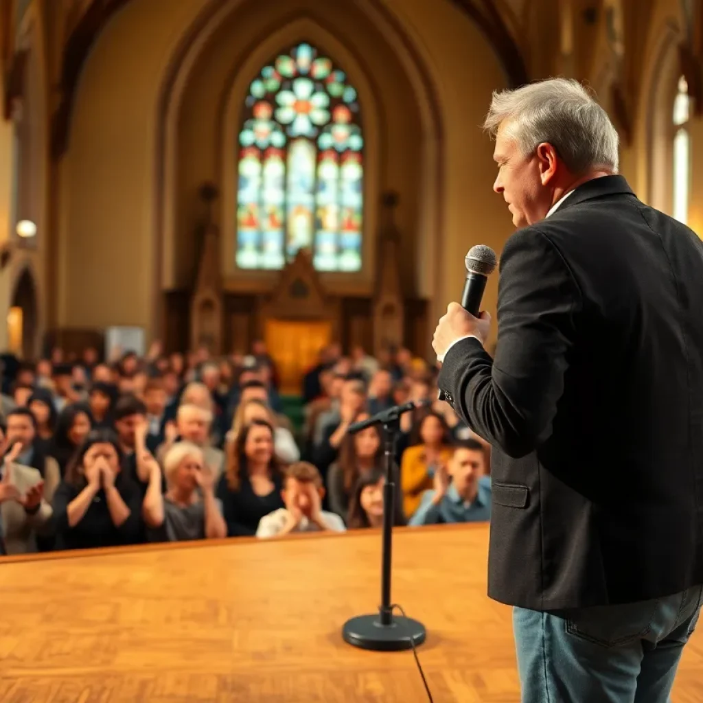 A stand-up comedy show in a historical venue with an engaged audience.