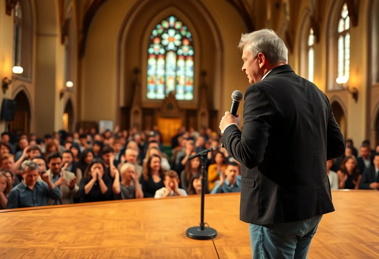 A stand-up comedy show in a historical venue with an engaged audience.