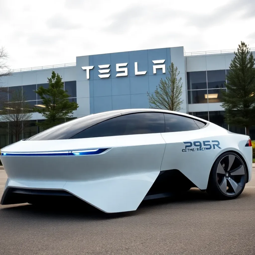 Futuristic Tesla electric vehicle in front of Tesla headquarters
