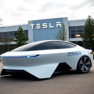 Futuristic Tesla electric vehicle in front of Tesla headquarters