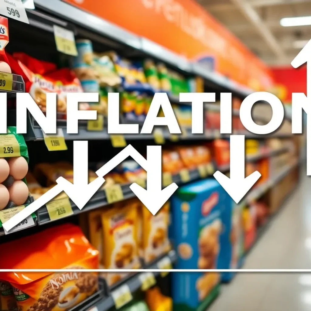 A graphic showing inflation trends with grocery items and price drops.
