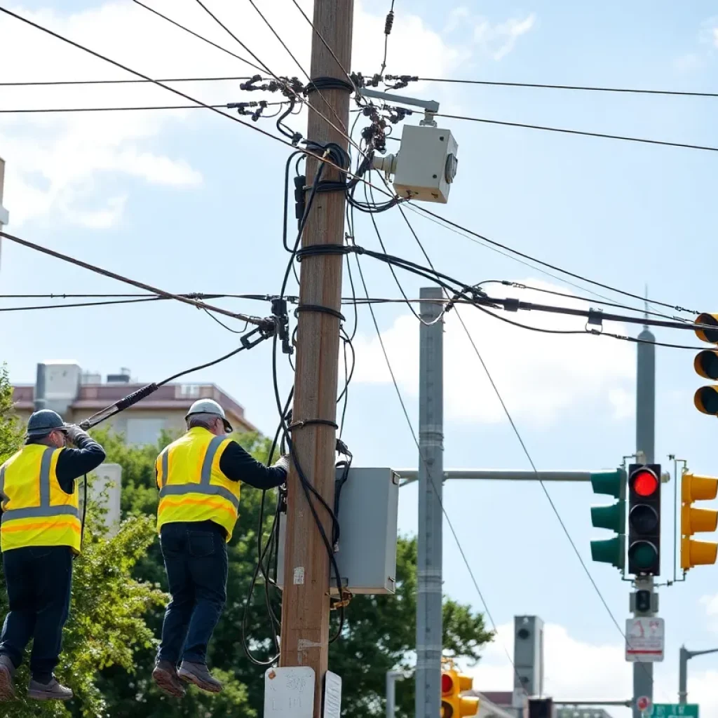 Utility workers fixing power lines after a vehicle crash in Grand Rapids