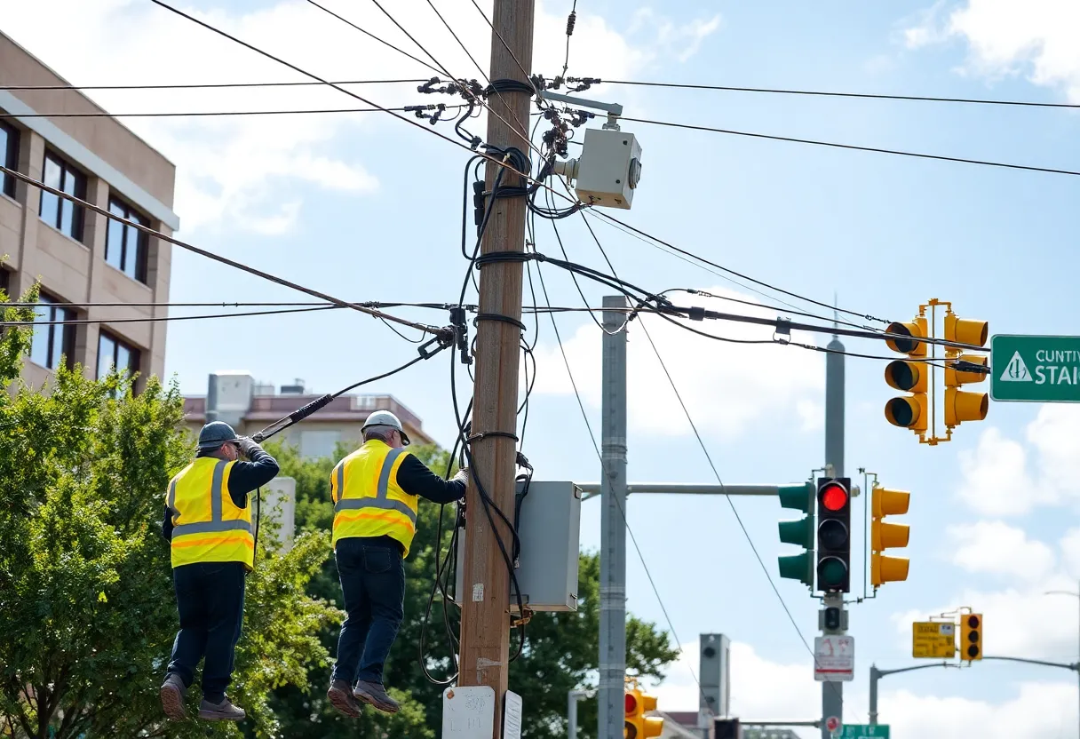 Utility workers fixing power lines after a vehicle crash in Grand Rapids