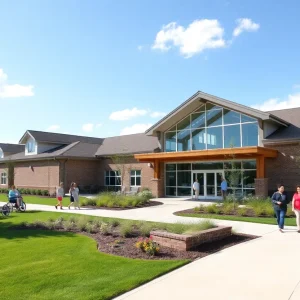 Render of a new long-term care facility for veterans surrounded by greenery.