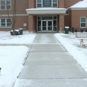 Snowy scene outside a closed school