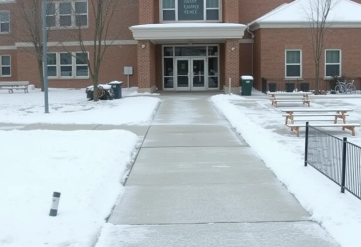Snowy scene outside a closed school