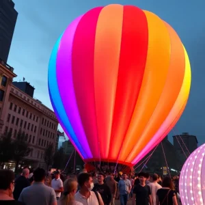 Visitors exploring the Arborialis inflatable art installation in Grand Rapids.