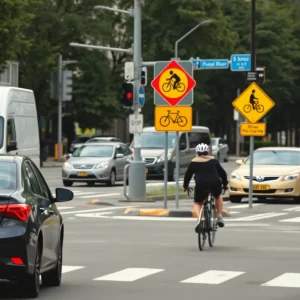 Urban intersection highlighting cyclists and traffic safety signs.