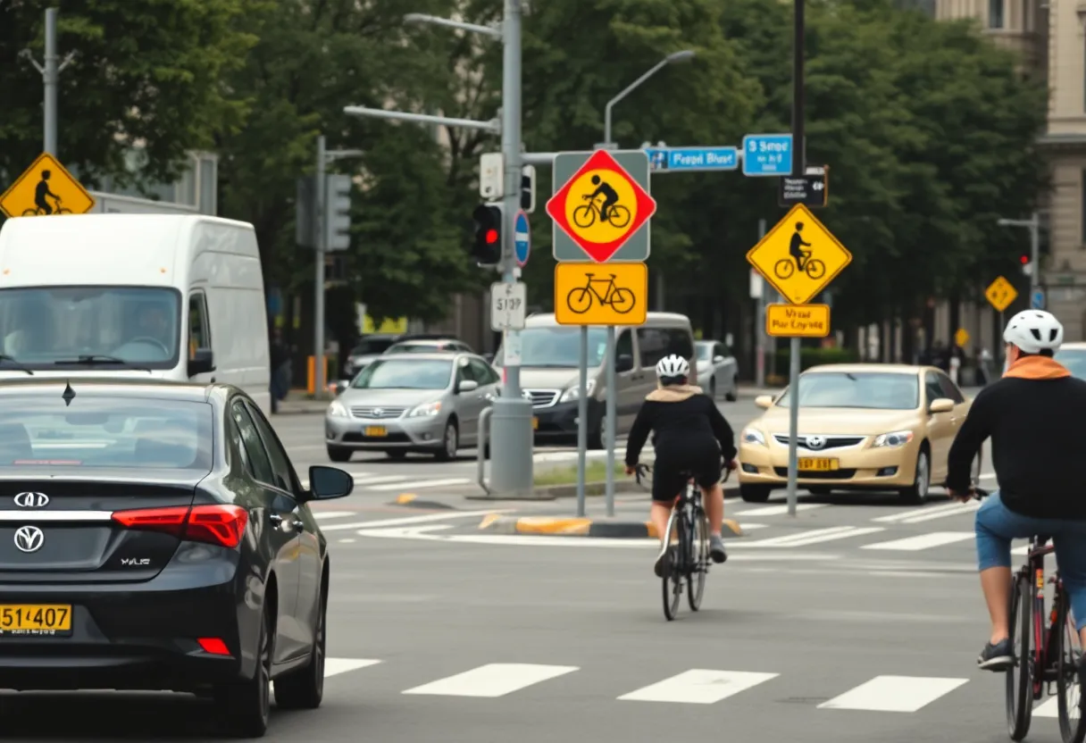 Urban intersection highlighting cyclists and traffic safety signs.