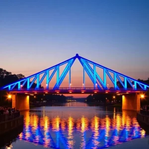 Blue Bridge in Grand Rapids illuminated in orange lights
