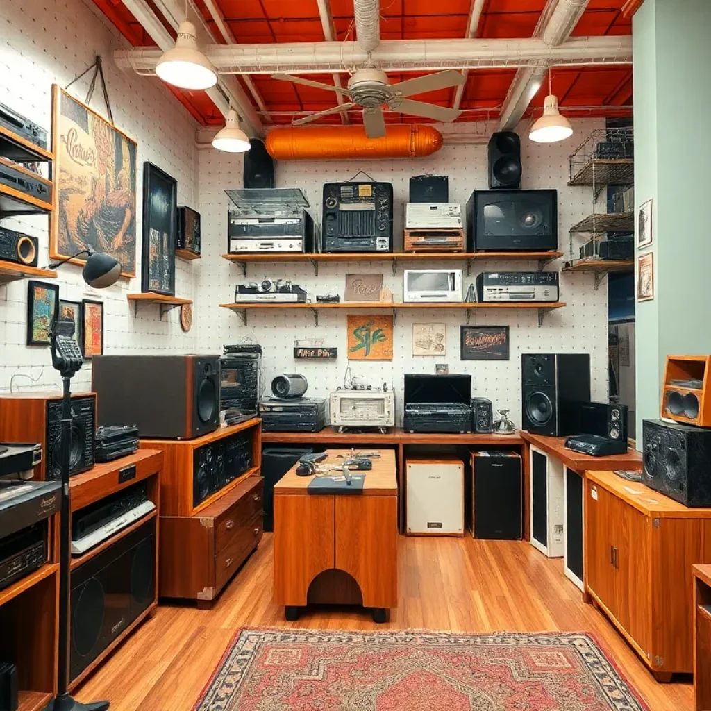 Interior view of a vintage audio equipment store featuring retro decor.
