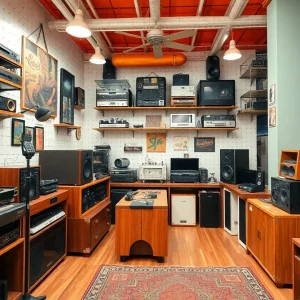 Interior view of a vintage audio equipment store featuring retro decor.