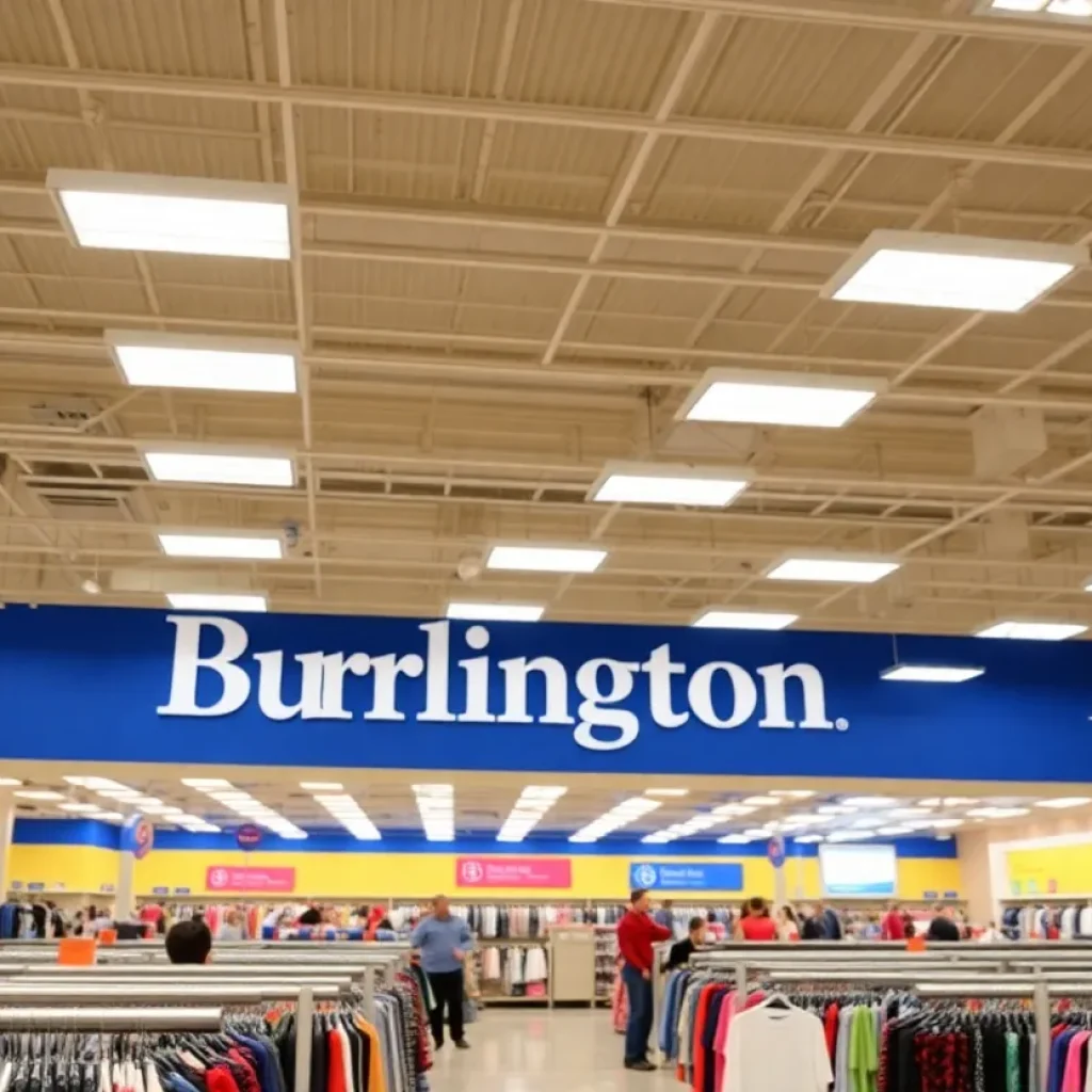 Interior of a Burlington store with displays of discounted products