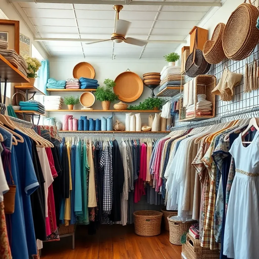 Interior view of the By The Pound thrift store with a variety of clothing and accessories on display.