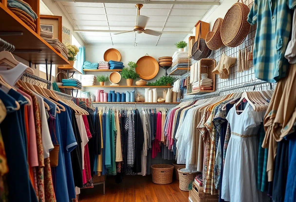 Interior view of the By The Pound thrift store with a variety of clothing and accessories on display.