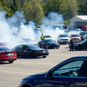 Cars performing stunts at a car meetup in Grand Rapids