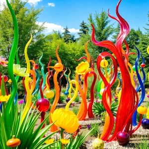 Colorful glass sculptures in a garden setting