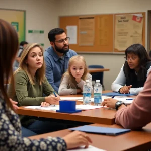 Parents discussing safety measures in a school meeting
