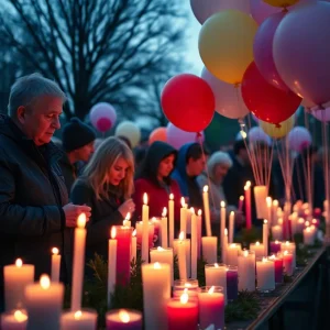 A vigil held in Grand Rapids with balloons and candles for the shooting victims.