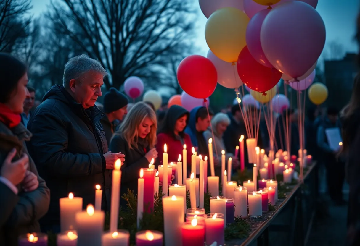 A vigil held in Grand Rapids with balloons and candles for the shooting victims.