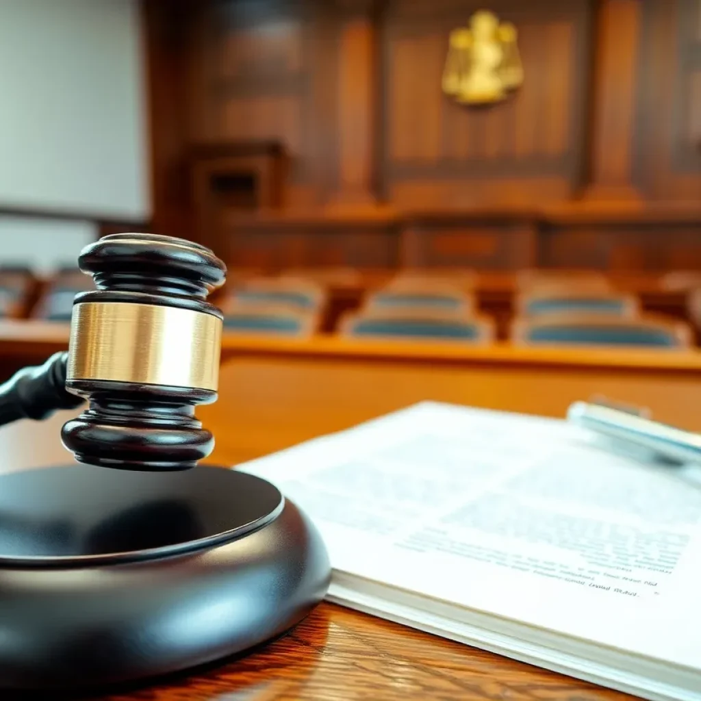 A gavel resting on legal documents in a courtroom